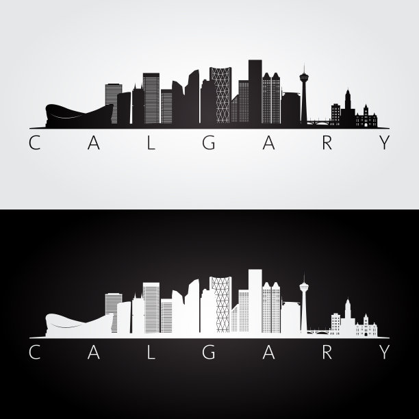 卡尔加里的天际线和地标剪影，黑白设计，矢量插图。图片下载