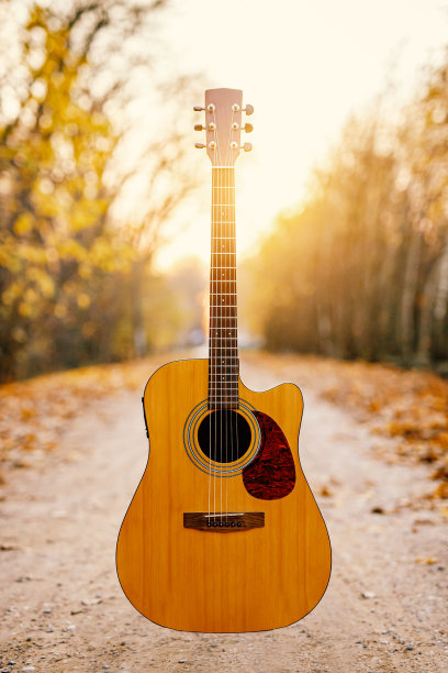 木吉他在秋天的森林。图片下载