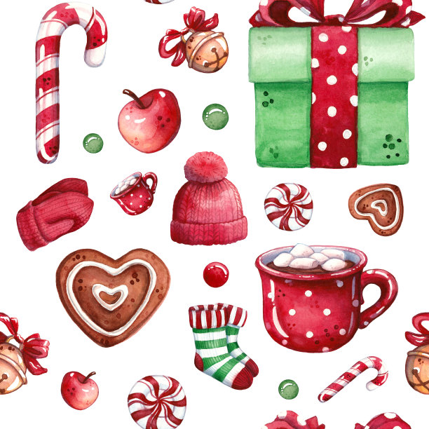 手绘水彩无缝图案插画的冬装姜饼，热巧克力在马克杯，糖果拐杖和礼物盒孤立的白色-圣诞节，hygge和假期图片下载