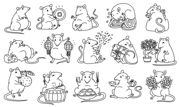 老鼠是中国新年的象征。可爱的老鼠拿着钱和中国灯笼吃节日食物鼓和放烟花。矢量黑白轮廓插图。图片下载