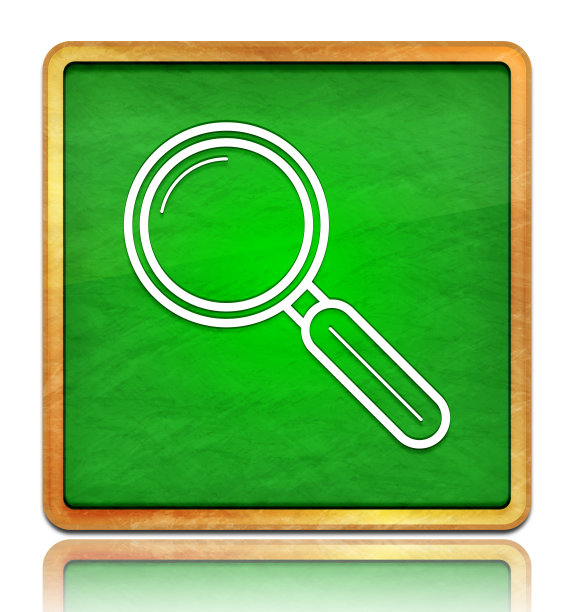 放大镜图标粉笔板绿色方形按钮石板纹理木框概念孤立在白色背景与阴影反射图片下载