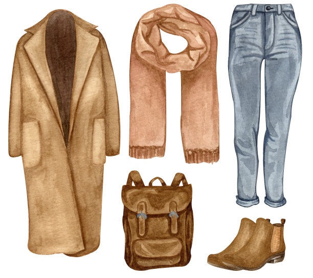 水彩手画手画冬天可爱的衣服套装。羊绒外套，靴子，牛仔裤，尖尖的冬季可爱的衣服套装。羊绒外套，靴子，牛仔裤，围巾，背包。温暖女性时尚配件系列孤立在白色。温暖的休闲服装。素材图片