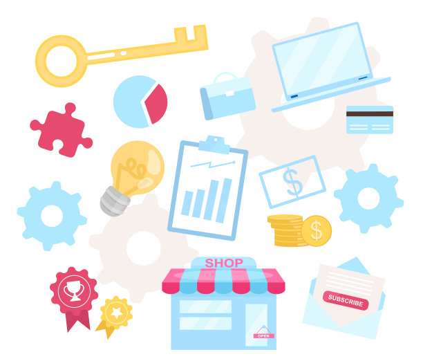 商业模型平面矢量插图。零售的过程。管理业务的概念。电子商务。网上书店的活动。销售工作流程。头脑风暴的想法。办公室物体以白色隔离图片下载