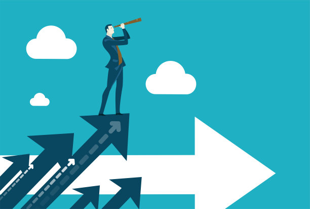 成功的商人站在箭头上，箭头向上指向，象征成就、成功和以成功的方式发展事业。商人用望远镜望着前方。素材图片