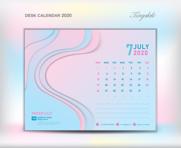 桌面日历2020模板剪纸抽象背景，2020年7月，矢量插图，周日开始，计划，月艺术品，印刷媒体，时尚的蜡笔颜色，创意艺术品图片下载