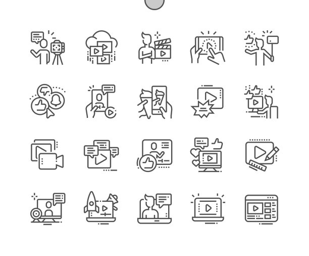 视频博客精心制作的像素完美矢量细线图标30 2x网格Web图形和应用程序。简单的最小的象形图图片下载