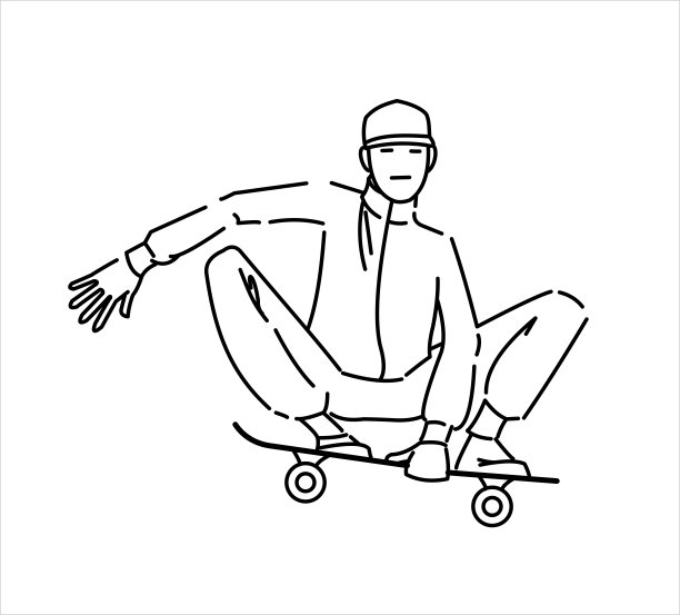 溜冰者在滑板上跳跃。戴棒球帽的人玩滑板。轮廓向量图像孤立的白色背景。图片下载