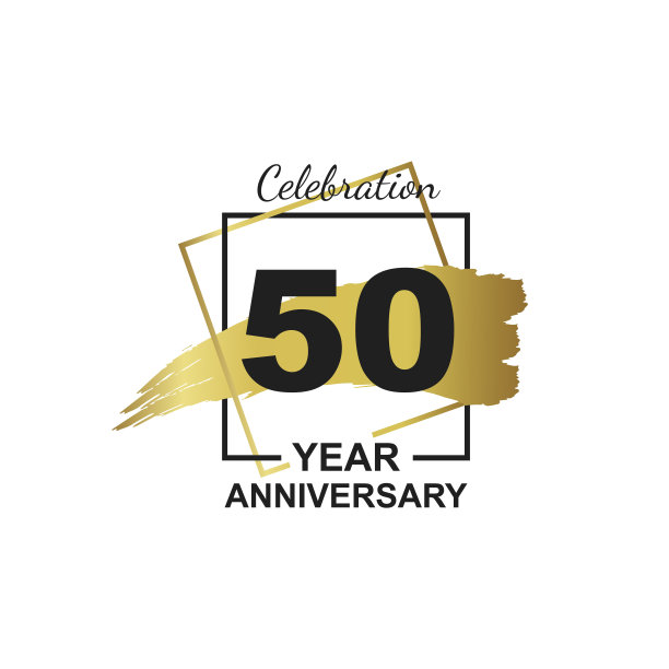 50周年金婚庆典标志与画框和手绘笔刷金丝带。矢量模板元素为您的50岁生日派对海报贺卡上的白色背景和黑色数字。图片下载