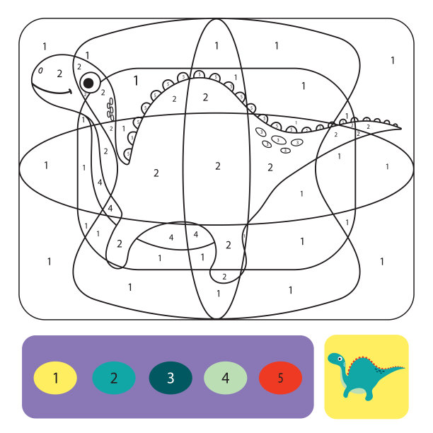 可爱的恐龙着色页的孩子。用颜色的数字填色游戏图片下载