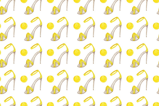 无缝图案黄色时尚女鞋的高跟鞋。聪明的奢侈女士鞋收集。手绘水彩插图孤立的白色背景。图片下载