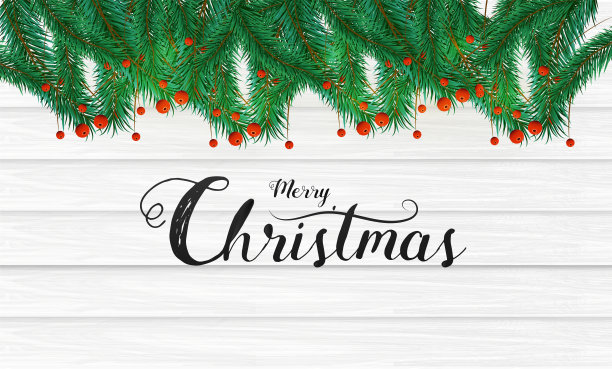 黑色书法圣诞快乐在白色木制背景装饰松叶和浆果。图片下载