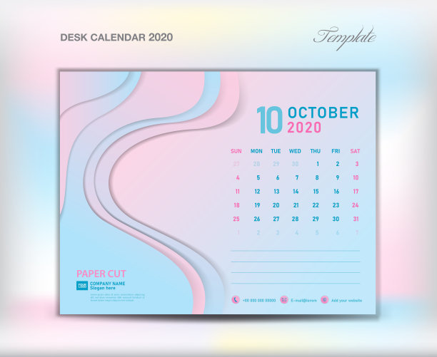 桌面日历2020模板剪纸抽象背景，2020年10月，矢量插图，周日开始，计划，月艺术品，印刷媒体，时尚蜡笔颜色，创意艺术品图片下载