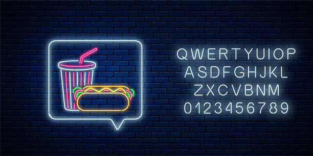 发光的霓虹灯热狗和苏打饮料杯在信息通知框架与字母。饮食符号图片下载