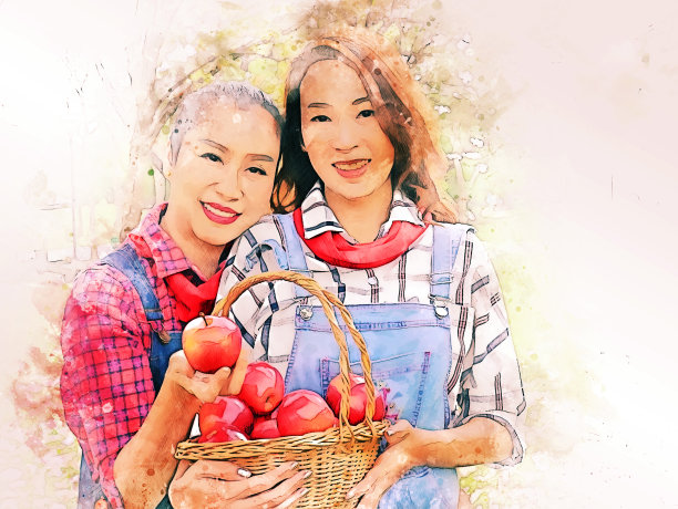 美丽的女儿和母亲抱着红苹果在公园水彩画的背景。图片下载