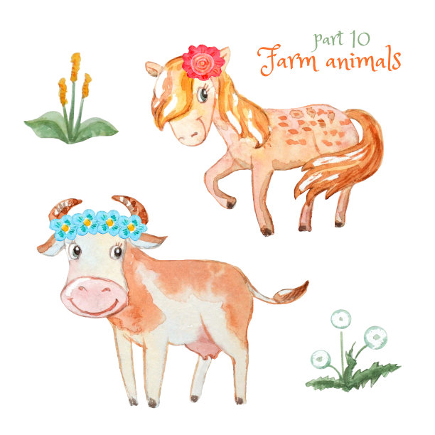 一套可爱的宠物:牛和马在花圈。水彩卡通插图。图片下载