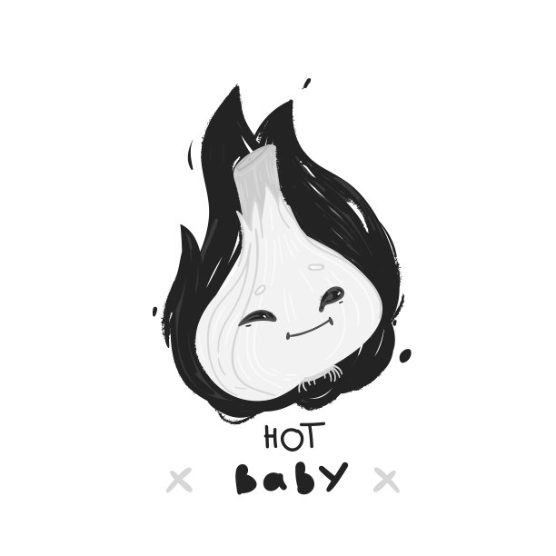 热蒜宝宝在黑火黑色矢量插画。贴纸风格的街头艺术。头蒜带着邪恶的眼睛微笑。黑暗面风格，哥特式艺术图片下载