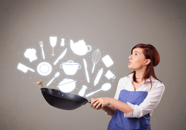 年轻女子与厨房配件图标图片下载