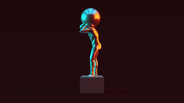 银阿特拉斯雕像举起天上的天堂左视图与红橙和蓝绿穆迪80照明图片下载