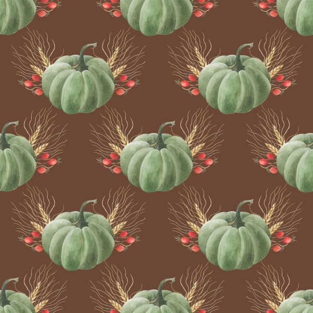 美丽的无缝背景与南瓜，秋天的叶子和浆果的玫瑰果和荚。图片下载