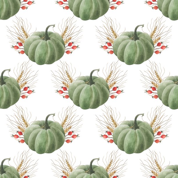 美丽的无缝背景与南瓜，秋天的叶子和浆果的玫瑰果和荚。图片下载