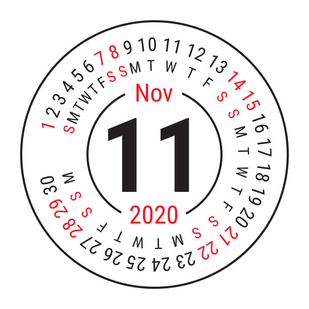 2020年11月。向量英语сalendar。圆的日历。一周从周日开始。设计模板。圆。第11个月图片下载