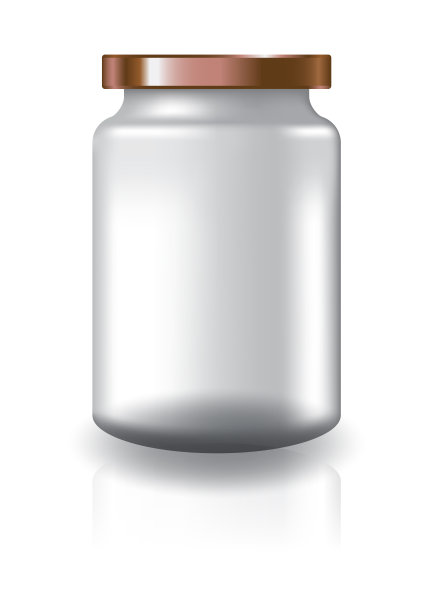 空白透明圆罐，铜盖，中等大小，用于补充剂或食品。孤立在白色背景与反射阴影。可用于包装设计。矢量插图。图片下载