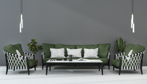 3d渲染模拟斯堪的纳维亚绿色沙发客厅扶手椅图片下载