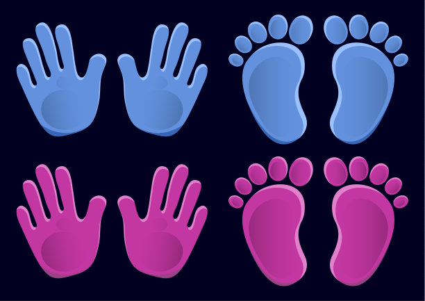 婴儿脚印和手印，图标。抽象的概念。平面设计。黑色背景上的矢量。图片下载