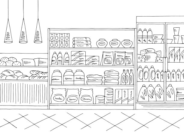 杂货店商店内部黑白图形素描插图矢量图片下载