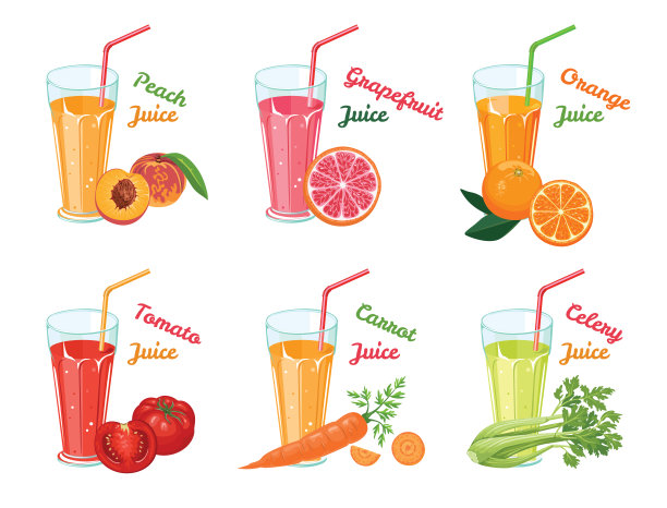一套不同的水果和蔬菜果汁在玻璃杯孤立的白色背景。健康的维生素的新鲜。桃子，柚子，橙子，西红柿，胡萝卜，芹菜。矢量插图在平面风格。图片下载