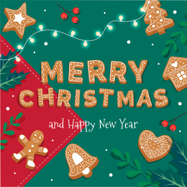 圣诞贺卡模板与姜饼字母和饼干。可爱的矢量插图在平面风格图片下载