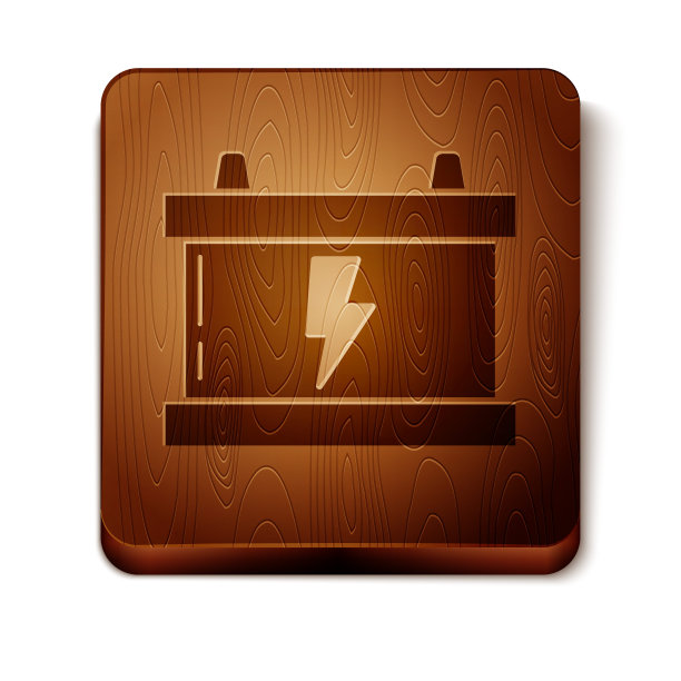 棕色汽车电池图标孤立在白色背景。蓄能器蓄电池能量动力和电能蓄能器蓄电池。闪电。木制方形按钮。矢量图图片下载