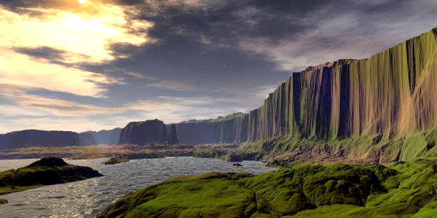 外星人的星球。山和湖。三维渲染图片下载