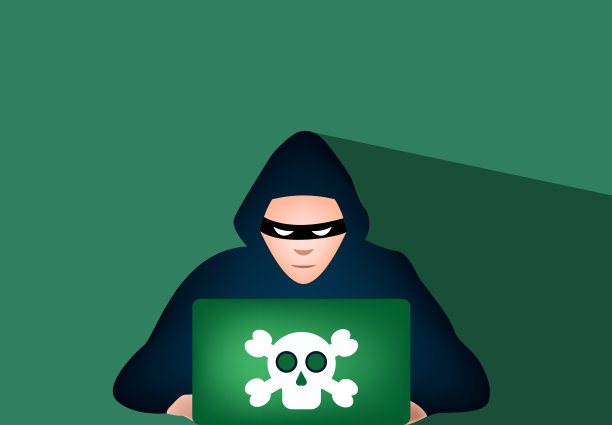 黑客使用笔记本电脑与“头骨和交叉骨头”的符号，它，股票-插图图片下载