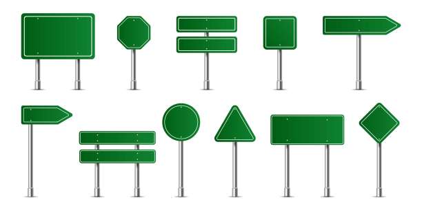 道路绿色交通标志设置。有文字位置的空白板。模型。孤立的信息标志。方向。矢量图图片下载