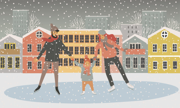 家人在溜冰场，房子的背景。爸爸，妈妈和孩子在滑冰，天在下雪。平面卡通矢量手绘插图孤立在白色图片下载
