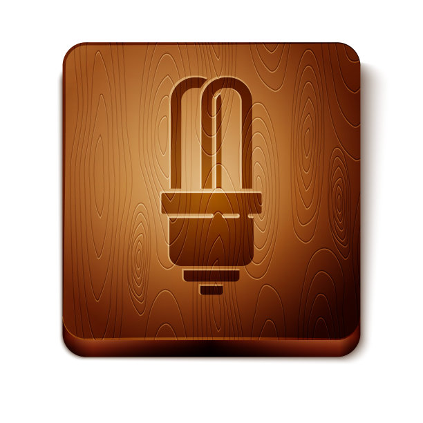 棕色LED灯泡图标孤立在白色背景。经济型LED照明灯泡。节约能源灯。木制方形按钮。矢量图图片下载