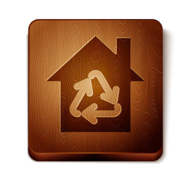 白色背景上孤立的棕色生态屋，有回收标志图标。生态家园与回收箭。木制方形按钮。矢量图图片下载