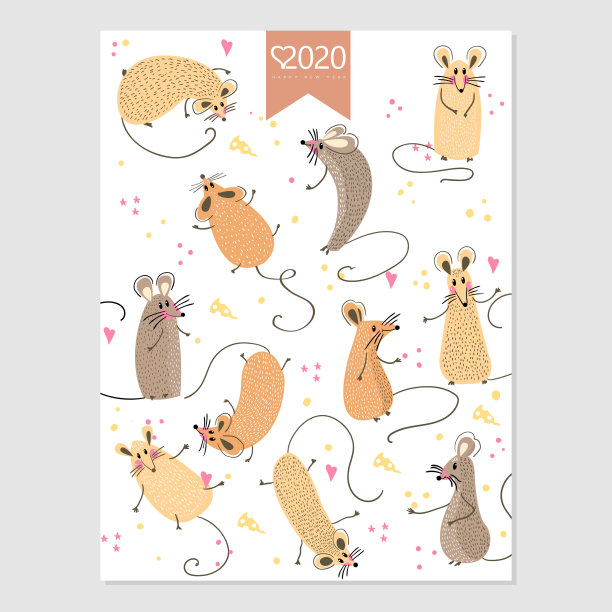 2020年日历。可爱的月历与老鼠。手绘风格字符。鼠年。图片下载