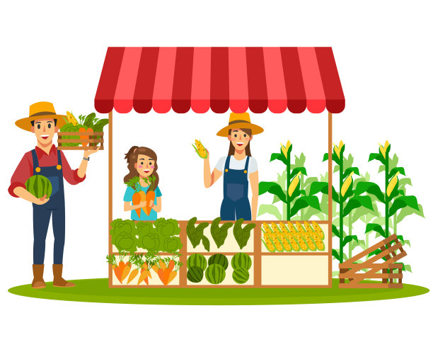农夫和他的家人在菜园里收集蔬菜，然后卖到蔬菜商店。农民的概念。图片下载