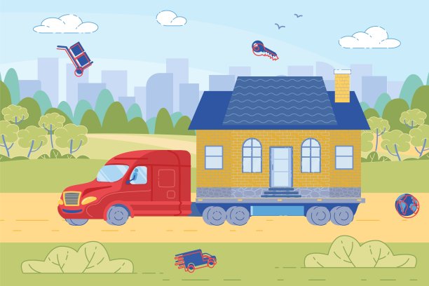 在路上拖着小房子的卡车。图片下载
