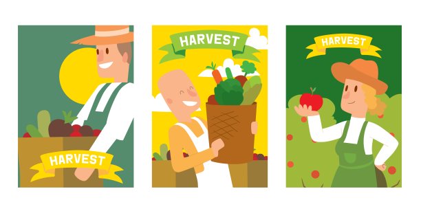 农民采摘收获的蔬菜篮子和盒子，卡片一套，海报矢量插图。女性和男性角色收获。乡村花园景观。女人抱着西红柿。图片下载