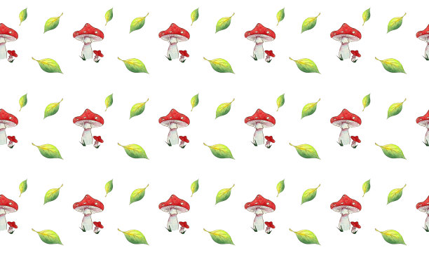 无缝模式水彩飞木耳和叶子在白色的背景。图片下载