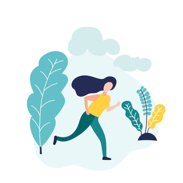 长头发跑步的女人。在秋天的树和云的背景上。它可以用来宣传健康的生活方式和环境。插图图片下载