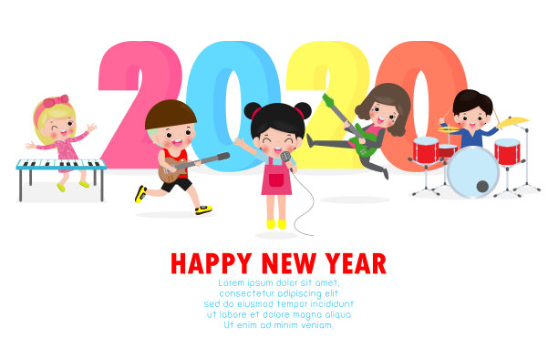 2020年新年贺卡与可爱的孩子玩音乐和跳舞。圣诞快乐的孩子们象征，传单，海报，横幅和日历。孤立矢量插图卡通图片下载