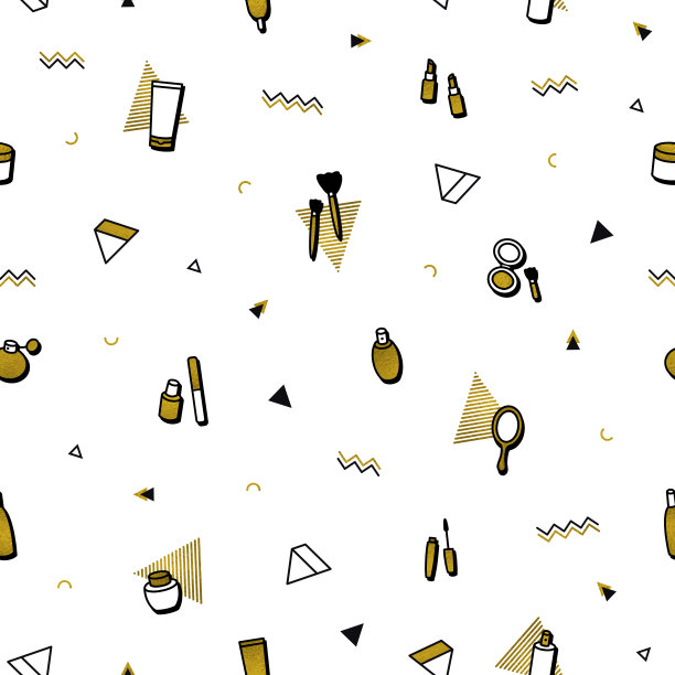 时尚背景。黄金化妆品无缝图案的风格。优质黄金美容产品:口红、睫毛膏、香水、眼影。化妆美容护理插图。图片下载