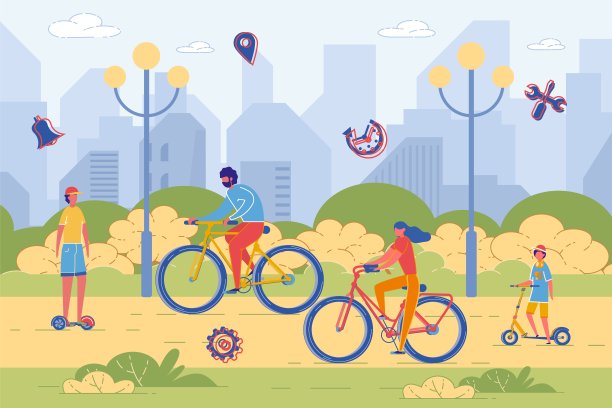 公园里活跃的家庭骑自行车和踏板车。素材图片