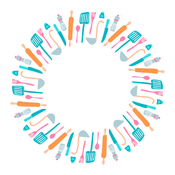 一套矢量剪影厨房用具和炊具图标收集圈在圆形与文本的地方，烹饪工具和厨房用具设备图片下载