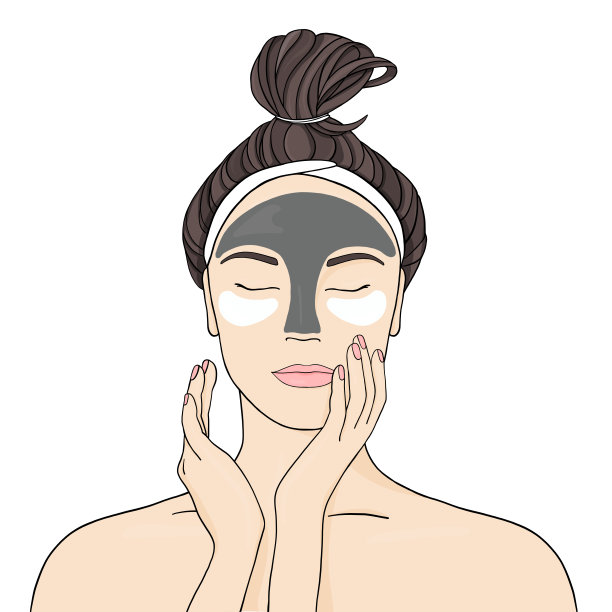 美丽的女孩敷面膜和贴片。时尚的矢量插图在素描风格上的白色背景。素材图片