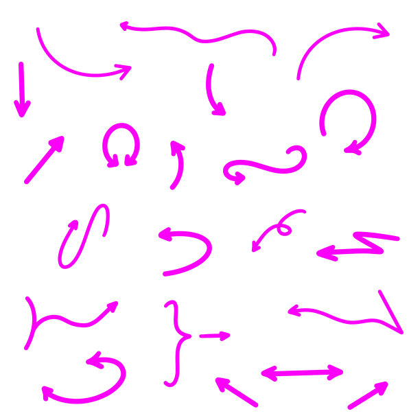 粉色箭头。手绘箭头集合矢量插图。现代手绘光标隔离在白色背景。上，下，圆，旋，左，右，之字形。平面设计抽象元素图片下载